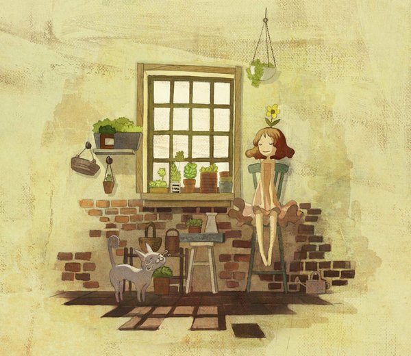 Anime picture 1024x888 with original sebascha brown hair eyes closed :3 girl dress flower (flowers) plant (plants) window cat chair watering can