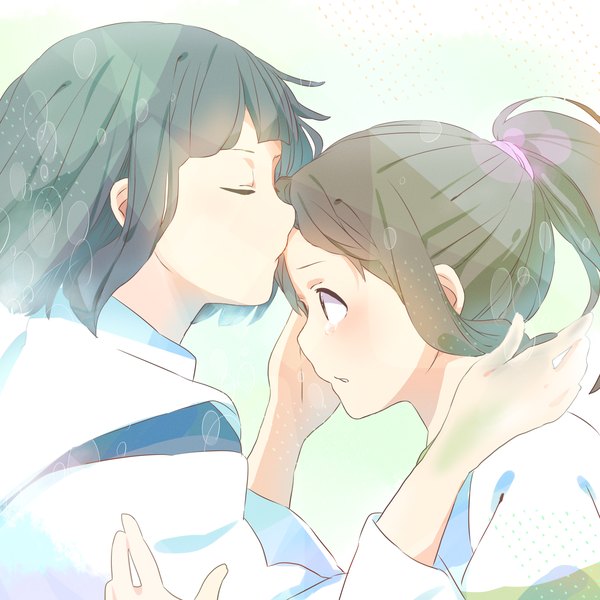Anime picture 2267x2267 with spirited away studio ghibli haku (spirited away) ogino chihiro kana (okitasougo222) blush highres short hair brown hair brown eyes ponytail eyes closed traditional clothes japanese clothes profile couple tears crying hand on face almost kiss