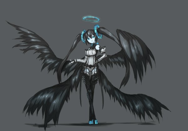 Anime picture 3000x2100 with ganesagi single long hair looking at viewer highres open mouth blue eyes black hair simple background twintails grey background black wings angel girl hair ornament wings choker boots thigh boots halo