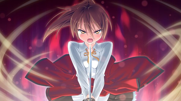 Anime picture 1280x720 with ryuusei no arcadia ogami izumi long hair blush open mouth brown hair wide image yellow eyes game cg ponytail girl uniform weapon school uniform shirt sword