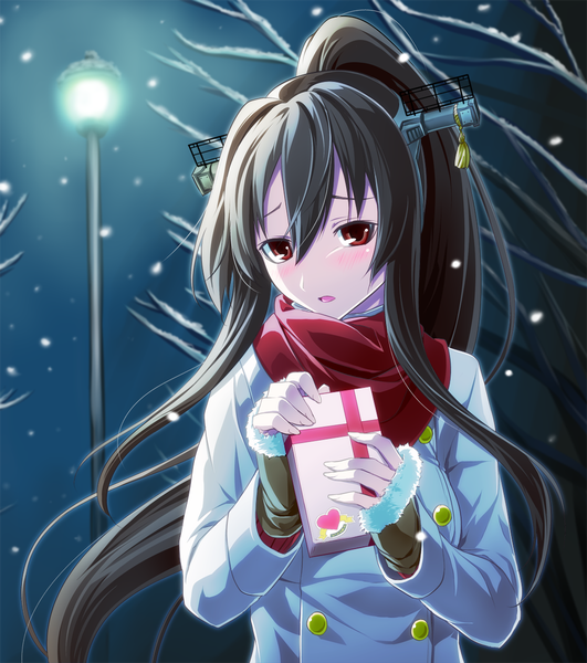 Anime picture 1063x1200 with kantai collection yamato super battleship reido (raid zero) single long hair tall image blush open mouth black hair red eyes ponytail night valentine girl hair ornament scarf coat gift
