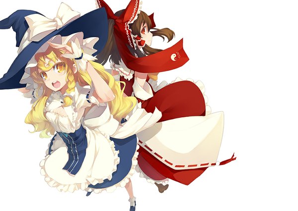 Anime picture 1125x800 with touhou hakurei reimu shingo (missing link) long hair looking at viewer open mouth blonde hair red eyes brown hair white background yellow eyes ponytail braid (braids) traditional clothes looking back twin braids miko witch back to back bow
