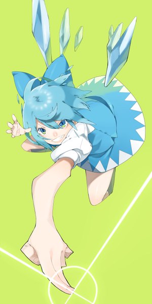 Anime picture 1600x3200 with touhou cirno sofa (enogunomu) single tall image looking at viewer short hair blue eyes simple background blue hair clenched teeth green background girl dress bow hair bow wings