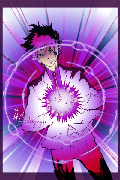 Anime picture 1024x1536 with katekyou hitman reborn hibari kyouya akagami707 single tall image short hair blue eyes smile purple hair coloring magic boy necktie suit