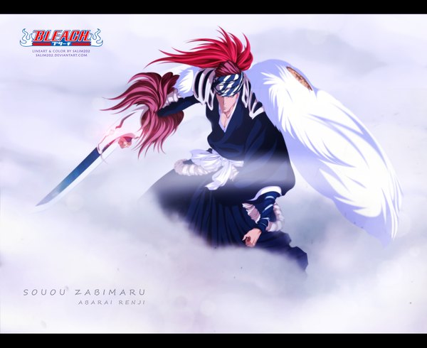 Anime picture 2068x1691 with bleach studio pierrot abarai renji salim202 single long hair highres red hair traditional clothes japanese clothes pink eyes inscription coloring smoke boy weapon sword belt kimono fur
