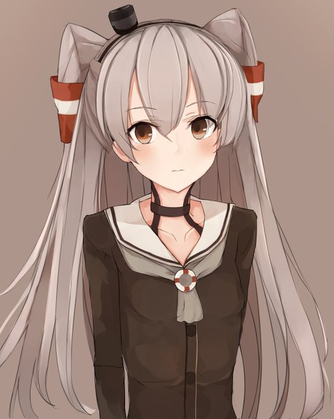 Anime picture 1250x1570 with kantai collection amatsukaze destroyer guanhian single long hair tall image blush fringe simple background hair between eyes brown eyes looking away grey hair grey background two side up girl hair ornament hair tubes