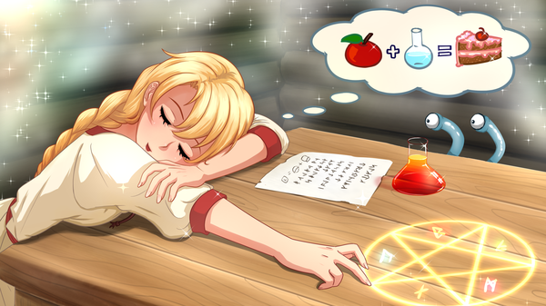 Anime picture 1920x1080 with the herbalist moonworks slavyana (the herbalist) orika nekoi single long hair highres blonde hair wide image eyes closed parted lips fingernails magic sleeping girl table fruit apple clothes magic circle