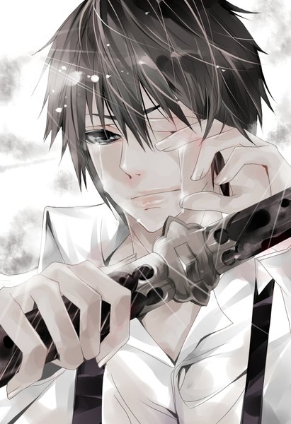 Anime picture 1440x2100 with ao no exorcist a-1 pictures okumura rin ran (pixiv) single tall image short hair black hair black eyes tears crying weapon shirt sword katana