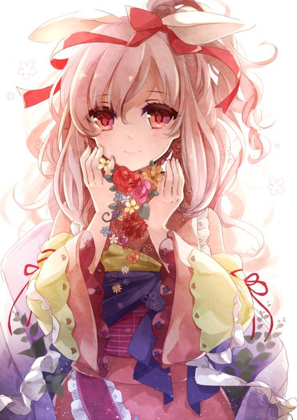 Anime picture 1000x1412 with original puracotte single long hair tall image looking at viewer fringe smile bare shoulders pink hair long sleeves pink eyes wide sleeves close-up girl flower (flowers) ribbon (ribbons) plant (plants) hair ribbon detached sleeves