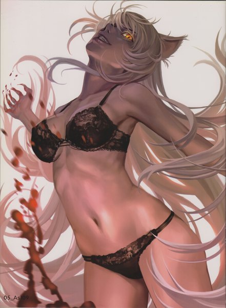 Anime picture 4916x6682 with bakemonogatari shaft (studio) monogatari (series) hanekawa tsubasa black hanekawa as109 single long hair tall image fringe highres open mouth light erotic standing bare shoulders animal ears yellow eyes absurdres white hair cat ears