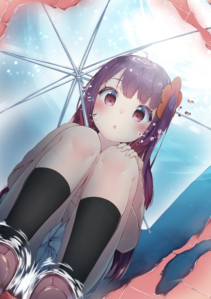 Anime picture 2150x3035 with original akino (1i1i1i1i) single long hair tall image looking at viewer blush fringe highres open mouth brown eyes purple hair ahoge bent knee (knees) :o side ponytail reflection gradient hair pov hand on knee