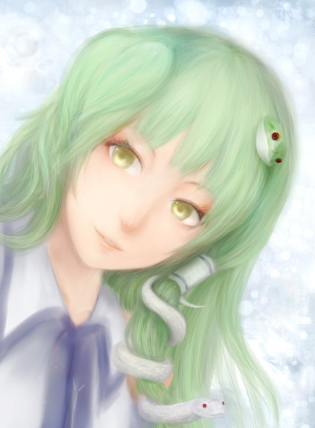 Anime picture 1528x2076 with touhou kochiya sanae moekyon single long hair tall image yellow eyes green hair lips realistic portrait face girl hair ornament detached sleeves hair tubes snake frog
