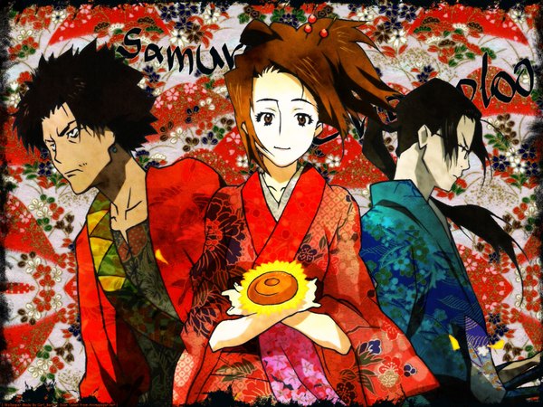 Anime picture 1600x1200 with samurai champloo mugen (samurai champloo) jinnosuke fuu (samurai champloo) black hair japanese clothes sunflower