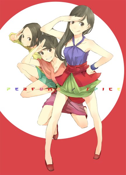 Anime picture 865x1200 with perfume (group) ayano omoto (nocchi) yuka kashino (kashiyuka) ayaka ishiwaki (a-chan) yoshito (u10) long hair tall image looking at viewer fringe short hair smile brown hair bare shoulders multiple girls brown eyes hair bun (hair buns) copyright name hand on hip :p salute