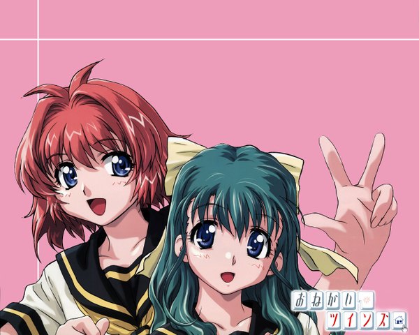 Anime picture 1280x1024 with onegai twins onodera karen miyafuji miina long hair looking at viewer blush fringe short hair open mouth blue eyes hair between eyes purple eyes multiple girls red hair :d green hair victory pink background girl bow