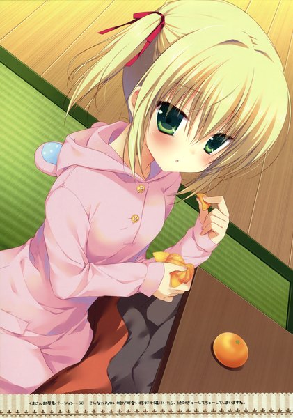 Anime picture 2317x3300 with miyasaka miyu single tall image looking at viewer blush highres short hair blonde hair twintails green eyes scan dutch angle short twintails girl fruit pajamas tangerine