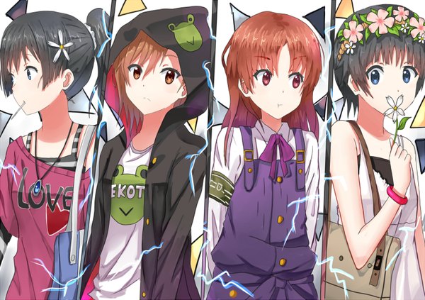 Anime picture 910x642 with to aru kagaku no railgun j.c. staff misaka mikoto shirai kuroko saten ruiko uiharu kazari gekota kenkaizar long hair looking at viewer fringe short hair blue eyes black hair hair between eyes red eyes brown hair bare shoulders multiple girls brown eyes