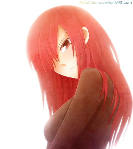 Anime picture 1000x1125 with fairy tail erza scarlet akilachione single long hair tall image fringe white background brown eyes red hair looking back hair over one eye coloring portrait girl