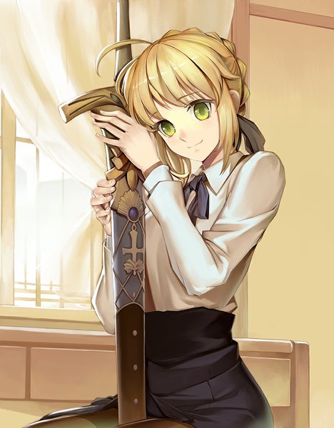 Anime picture 833x1067 with fate (series) fate/stay night studio deen type-moon artoria pendragon (all) saber vmax-ver (a3eilm2s2y) single tall image looking at viewer short hair blonde hair green eyes girl dress weapon sword