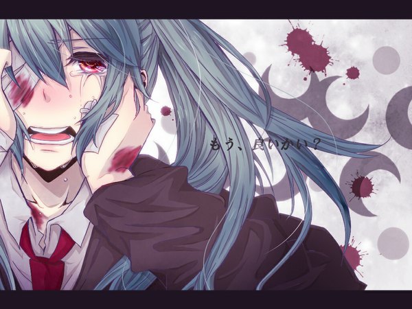Anime picture 1024x768 with vocaloid rolling girl (vocaloid) hatsune miku unemura (artist) single long hair red eyes aqua hair tears hieroglyph crying bandage over one eye girl blood bandage (bandages) bandaid