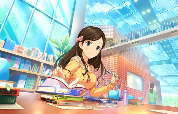 Anime picture 2560x1648 with idolmaster idolmaster cinderella girls idolmaster cinderella girls starlight stage etou misaki long hair looking at viewer fringe highres smile brown hair sitting holding cloud (clouds) indoors long sleeves arm up off shoulder official art grey eyes sleeves past wrists