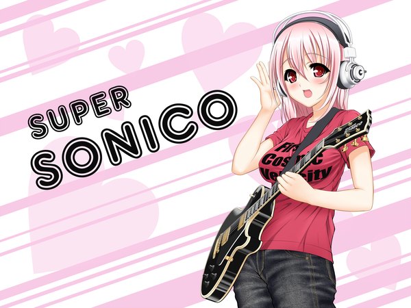 Anime picture 2000x1500 with nitroplus super sonico oshou (artist) single long hair blush highres open mouth red eyes pink hair girl heart headphones t-shirt musical instrument guitar