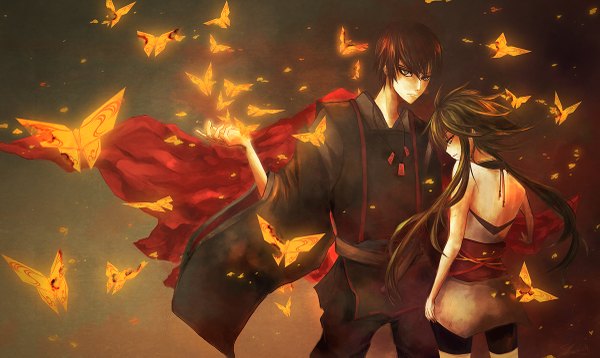 Anime picture 1200x717 with original zuzumoo (artist) long hair short hair red eyes brown hair wide image green eyes japanese clothes looking back green hair back girl boy belt insect butterfly origami