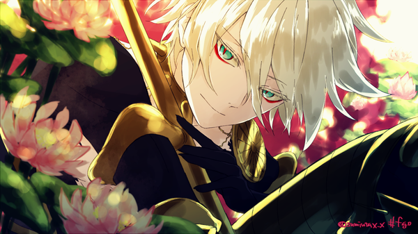 Anime picture 1200x675 with fate (series) fate/grand order karna (fate) kawasemi sumika single looking at viewer fringe short hair hair between eyes wide image sitting signed silver hair aqua eyes twitter username slit pupils boy flower (flowers) single earring lotus