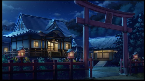 Anime picture 4370x2459 with original tonchan highres wide image absurdres cloud (clouds) outdoors night night sky no people landscape scenic plant (plants) tree (trees) star (stars) torii japanese house shrine