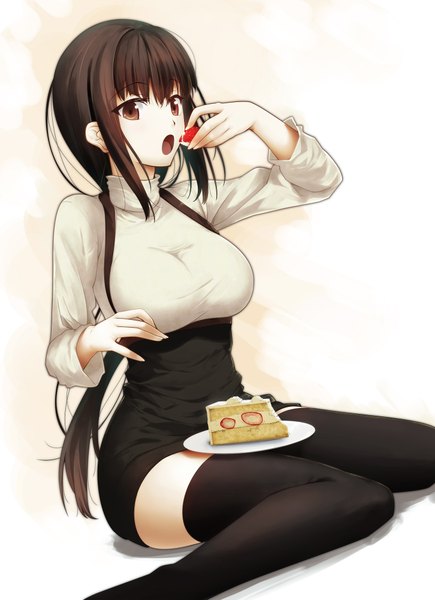 Anime picture 1452x2000 with original yoshida takuma single long hair tall image looking at viewer open mouth brown hair sitting brown eyes eating girl thighhighs black thighhighs miniskirt food sweets berry (berries) cake blouse