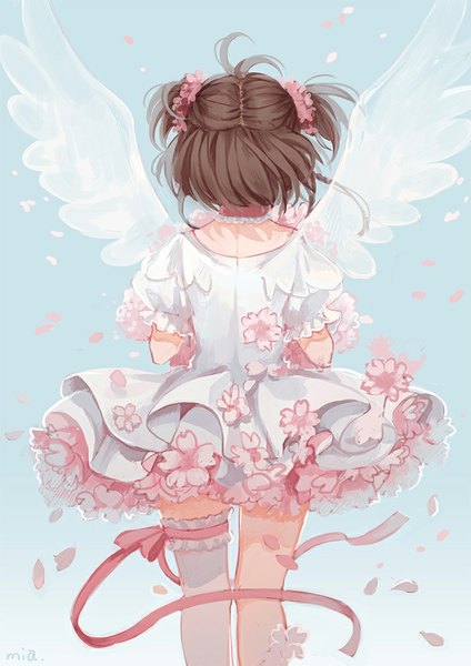 Anime picture 700x990 with card captor sakura clamp kinomoto sakura mia0309 single tall image simple background brown hair signed ahoge wind from behind two side up blue background angel wings girl thighhighs dress flower (flowers) ribbon (ribbons)
