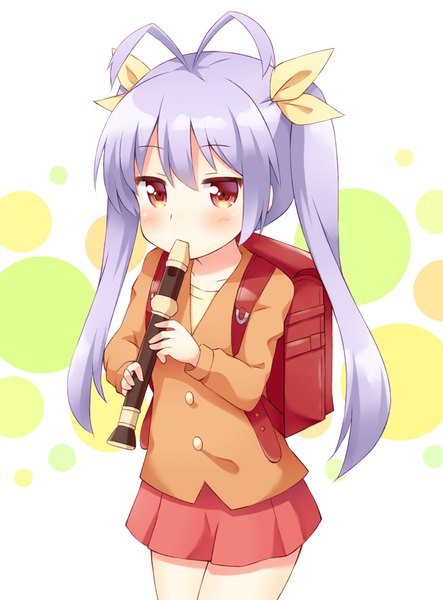 Anime picture 739x1000 with non non biyori silver link miyauchi renge customer (carrack) single long hair tall image blush fringe red eyes standing white background twintails holding purple hair ahoge long sleeves from above bare legs polka dot