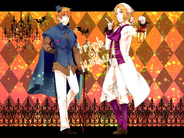 Anime picture 1600x1200 with axis powers hetalia studio deen united kingdom (hetalia) france (hetalia) tagme (artist) blonde hair green eyes one eye closed wink halloween trick or treat boy gloves hat cloak suit coat lamp bat stick