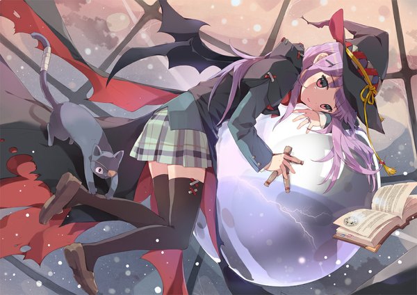 Anime picture 1000x707 with original tiru (artist) long hair red eyes purple hair witch girl thighhighs skirt black thighhighs miniskirt wings book (books) cat witch hat