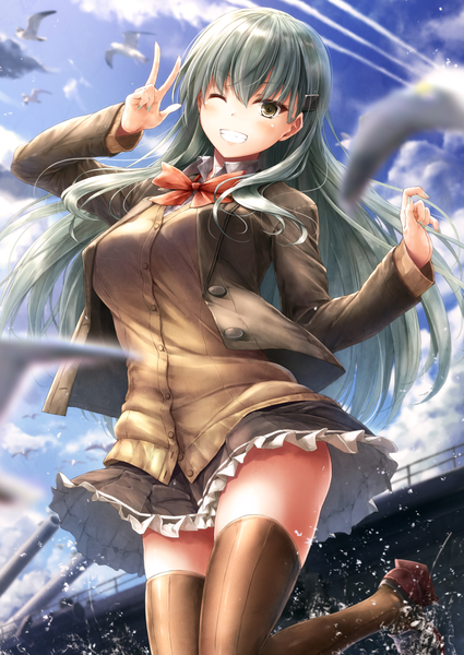Anime picture 836x1180 with kantai collection suzuya heavy cruiser suien single long hair tall image looking at viewer blush fringe light erotic smile hair between eyes brown eyes sky cloud (clouds) bent knee (knees) outdoors long sleeves nail polish pleated skirt