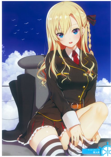 Anime picture 2482x3510 with high school fleet wilhelmina braunschweig ingenohl friedeburg matarou (genkai toppa) single long hair tall image looking at viewer blush fringe highres breasts open mouth blue eyes blonde hair smile hair between eyes sitting sky cloud (clouds) bent knee (knees)