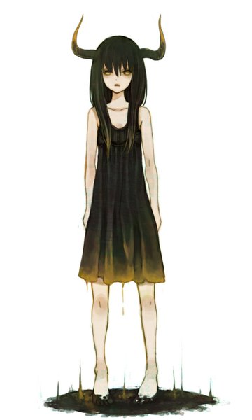 Anime picture 600x1000 with clona single long hair tall image looking at viewer black hair simple background white background bare shoulders yellow eyes barefoot horn (horns) girl dress black dress