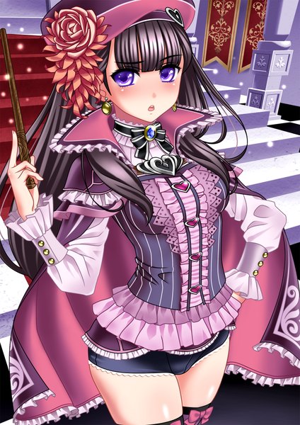 Anime picture 1414x2000 with original guriimu (artist) long hair tall image blush open mouth black hair purple eyes hand on hip striped girl hat earrings choker stairs wand