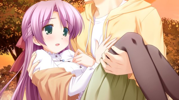 Anime picture 1200x675 with canvas 4 (game) saginomiya tsumugi amakusa tobari long hair wide image green eyes game cg purple hair carrying girl