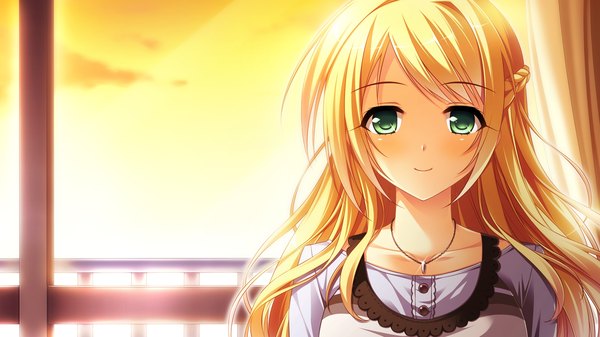 Anime picture 1920x1080 with mote sugite shuraba na ore (game) kobayakawa shiho (mote sugite shuraba na ore) sayori single long hair looking at viewer blush highres blonde hair smile wide image green eyes game cg girl