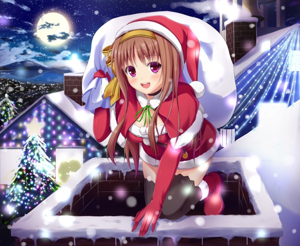 Anime picture 2894x2380 with original korotan long hair looking at viewer blush highres open mouth red eyes brown hair snowing christmas winter girl thighhighs gloves black thighhighs elbow gloves hairband moon star (stars)