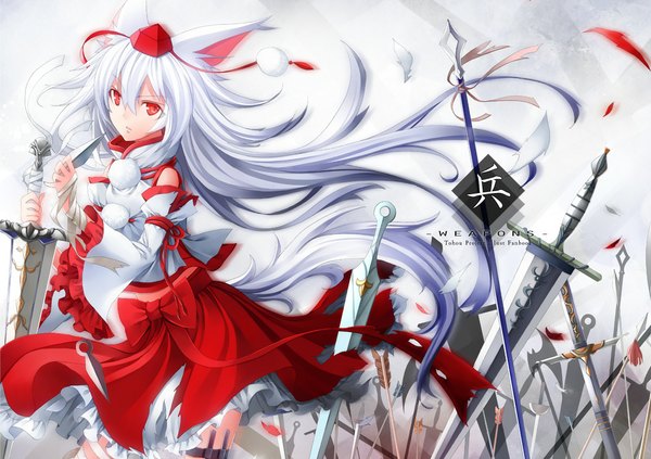 Anime picture 1000x706 with touhou inubashiri momiji senzi single long hair looking at viewer red eyes animal ears silver hair girl dress weapon hat detached sleeves sword