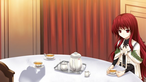 Anime picture 1024x576 with jesus 13th single long hair fringe red eyes wide image sitting holding payot game cg red hair indoors long sleeves shadow girl dress table cup teacup teapot