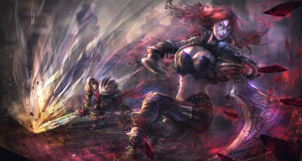 Anime picture 6000x3217 with league of legends katarina (league of legends) garen (league of legends) cglas long hair highres short hair breasts black hair red eyes wide image looking away absurdres cleavage red hair lipstick red lipstick girl boy weapon