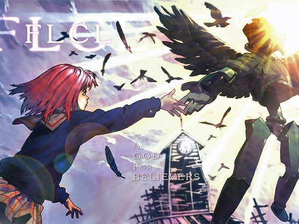 Anime picture 1024x768 with flcl gainax samejima mamimi canti sky cloud (clouds) red hair from behind back flying angel girl uniform school uniform wings serafuku feather (feathers) halo robot