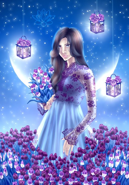 Anime picture 2480x3543 with yaroslavapanina single long hair tall image highres brown hair purple eyes nail polish lips night night sky crescent girl dress flower (flowers) moon transparent clothing bouquet lantern tulip