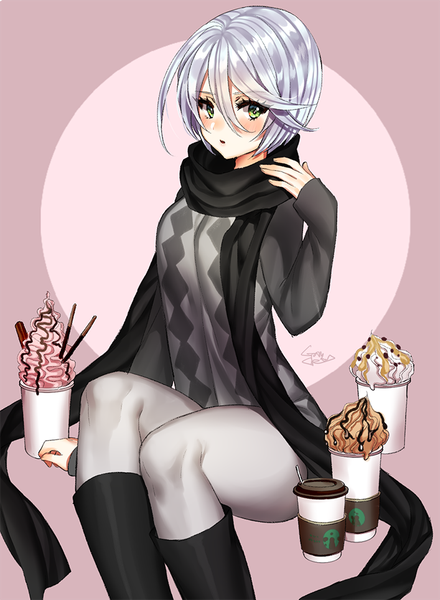 Anime picture 707x964 with puri para pretty (series) shikyouin hibiki gambe single tall image looking at viewer blush fringe short hair open mouth simple background hair between eyes sitting green eyes signed silver hair bent knee (knees) long sleeves arm support