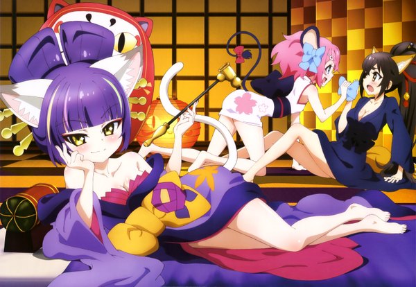 Anime picture 5927x4091 with show by rock!! studio bones nyantype daru dayu a (show by rock!!) un (show by rock!!) long hair blush highres open mouth black hair smile multiple girls animal ears pink hair absurdres purple hair ponytail tail traditional clothes
