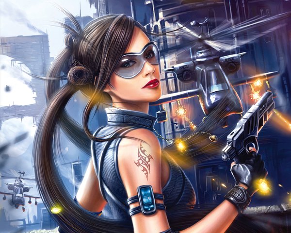 Anime picture 1600x1280 with original bryan sola (artist) long hair blue eyes brown hair looking back lips realistic tattoo city girl gloves gun pendant goggles pistol phone helicopter
