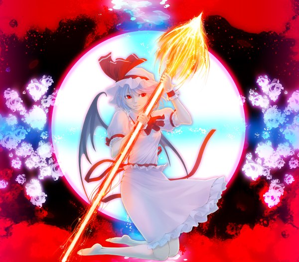 Anime picture 1400x1230 with touhou remilia scarlet takatsuki kahiro single short hair red eyes blue hair bat wings girl ribbon (ribbons) hat wings moon spear spear the gungnir